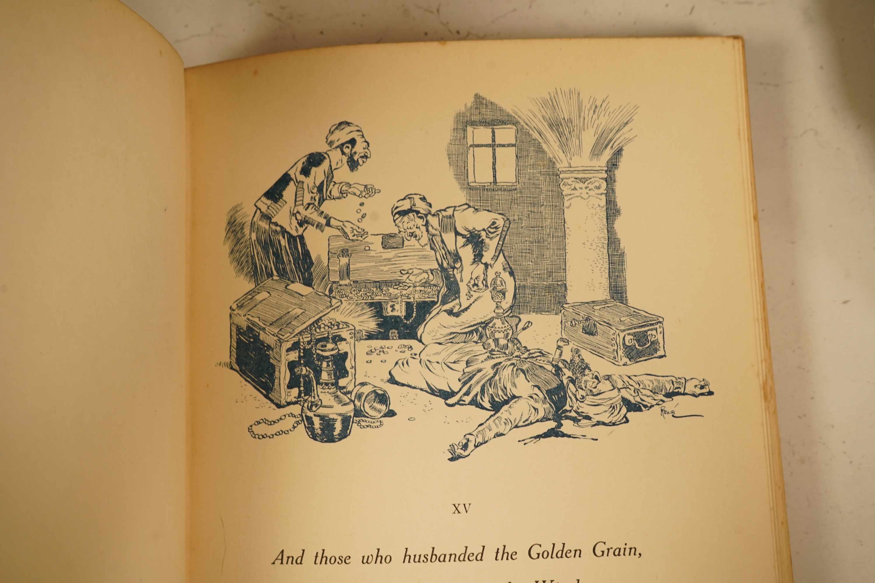 Fitzgerald, Edward - Rubaiyat of Omar Khayyam ... illus. in colour and line by René Bull. decorated title, 29 coloured and mounted illus. and num. others (blue printed and most within decorated borders); publisher's colo